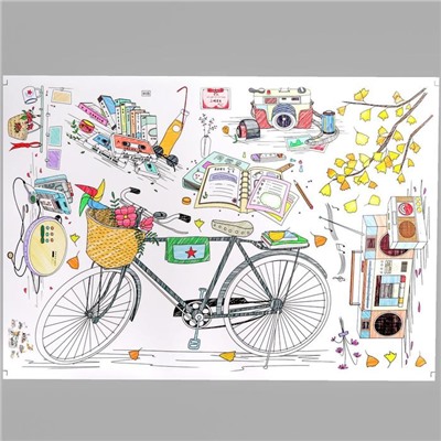 Наклейка пластик интерьерная цветная "Велосипед, магнитофон и фотоаппарат" 60х90 см