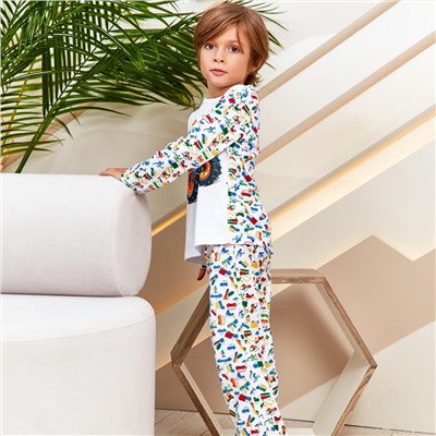 Пижама д/мал детская (фуфайка (лонгслив), брюки) Juno AW21BJ635 Sleepwear Boys белый монстр трак
