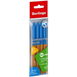 Набор ручек шариковых Berlingo "Skyline" 4 шт, светло-синяя, 0,7мм, игол. стержень, грип, пакет