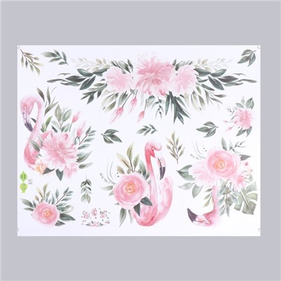 Наклейка пластик интерьерная цветная "Фламинго в цветах" 48х62 см
