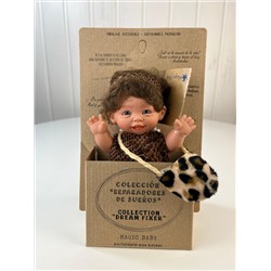 Кукла "Гном-троглодит", девочка в темном, с леопардовой сумкой, смеется, 18 см, арт. 145-7