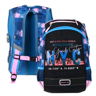 Рюкзак молодёжный Across Merlin NYC, 43 х 29 х 15 см, эргономичная спинка, чёрный, синий, розовый