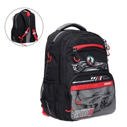 Рюкзак школьный Grizzly "Скорость", 39 х 28 х 18 см, эргономичная спинка, отделение для ноутбука, чёрный, серый