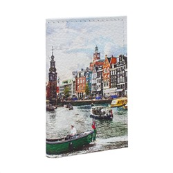 Обложка для 2-х карточек с принтом Eshemoda “Яркий Амстердам”, натуральная кожа