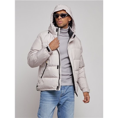 Куртка спортивная болоньевая мужская зимняя с капюшоном светло-бежевого цвета 3111SB