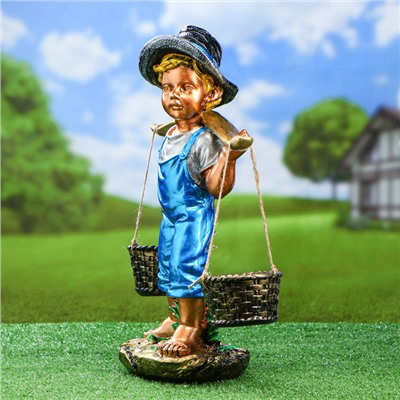 Садовая фигура "Мальчик с вёдрами", бронза, синий, гипс, 18*33*48 см
