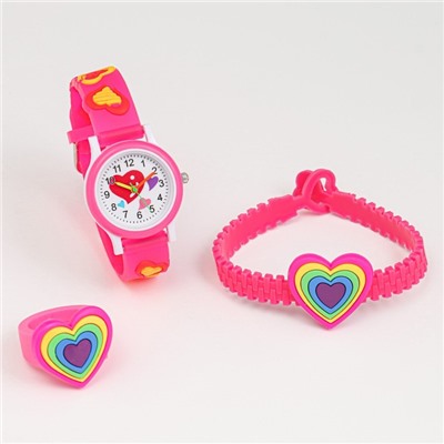 Детский подарочный набор для девочек "Сердечко" 3 в 1: наручные часы, браслет, кольцо