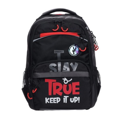 Рюкзак школьный Grizzly, 39 х 28 х 19 см, эргономичная спинка, отделение для ноутбука, чёрный, красный