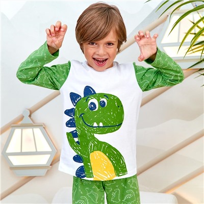 Пижама д/мал детская (фуфайка (лонгслив), брюки) Juno AW21BJ637 Sleepwear Boys зеленый дино