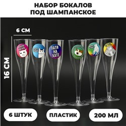 Набор бокалов для шампанского с наклейками шампанского "Коты мемы" 6 шт