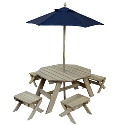 Детская садовая мебель, 4 скамьи, стол-пикник, зонт, бежево-коричневый