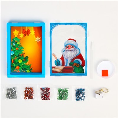 Новогодняя алмазная мозаика для детей с частичным заполнением в рамке с гирляндой «Новый год. Дед Мороз»