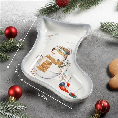Блюдо сервировочное Доляна «Рождественский снеговик», 20×15,5×3 см, цвет белый