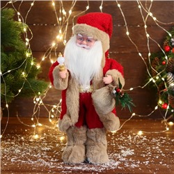 Дед Мороз "В костюме с коричневым мехом" движение, с подсветкой,  40 см, красный