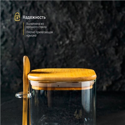 Банка стеклянная для сыпучих продуктов с бамбуковой крышкой и ложкой Magistro «Эко» с ложкой, 750 мл, 11,5×10×11 см