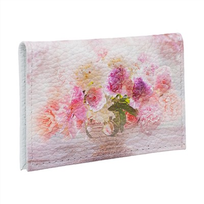 Обложка для 2-х карточек с принтом Eshemoda “Розовый букет”, натуральная кожа