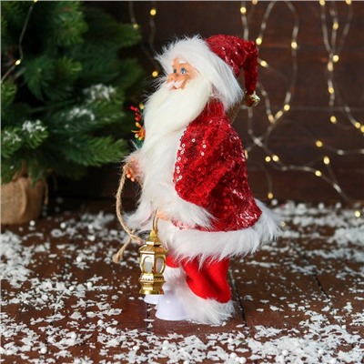 Дед Мороз "В костюме с пайетками, с фонариком" двигается, с подсветкой, 28 см, красный