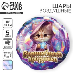 Воздушный шар фольгированный 18" "Волшебного праздника", кот, круг, голография, набор 5 шт.