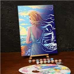 Лунная роспись по номерам "Девушка у моря" с красками 14 штук по 3 мл+кисти 30*40 см 371689