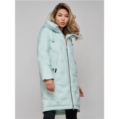 Пальто утепленное молодежное зимнее женское бирюзового цвета 59122Br