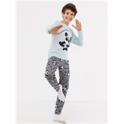 Комплект для мальчиков (светло-голубой лонгслив и серые брюки) с изображением панд