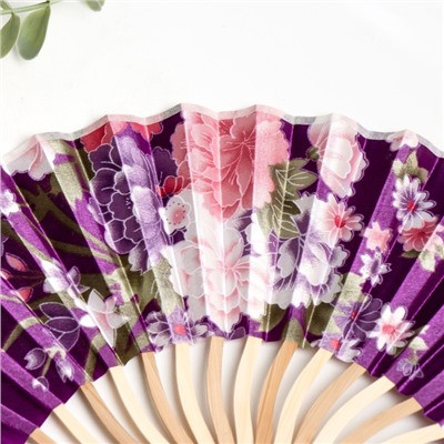 Веер бамбук, текстиль h=21 см изгиб, с кистью "Цветы" в коробке, фиолетовый
