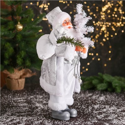 Дед Мороз "В высоком колпачке, в ремешке и с мешком" 44 см, серебристо-белый
