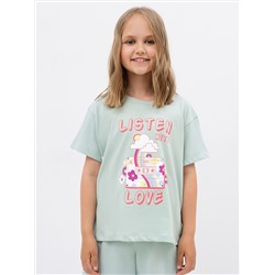 Хлопковая футболка с принтом в ментоловом цвете для девочек