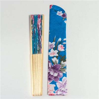 Веер бамбук, текстиль h=21 см "Цветы" с чехлом, голубой
