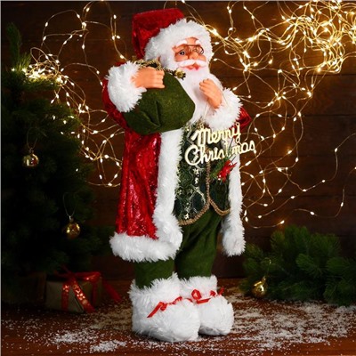Дед Мороз "В зелёном костюме, с мешком подарков" 35х60 см