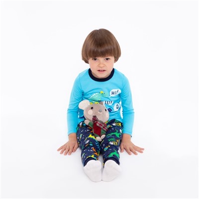 Пижама для мальчика Дино, цвет голубой/тёмно-синий, рост 110-116 см