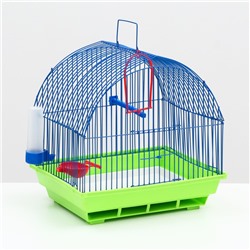 Клетка для птиц малая, полукруглая крыша (поилка, кормушка, жердочка, качель)35х28х37см микс