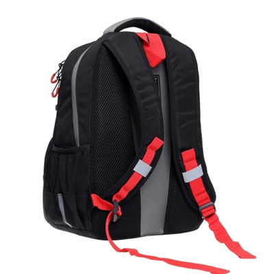 Рюкзак школьный Grizzly "Скорость", 39 х 28 х 18 см, эргономичная спинка, отделение для ноутбука, чёрный, серый