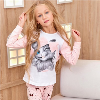 Пижама д/дев детская (фуфайка (лонгслив), брюки) Juno AW21GJ549 Sleepwear Girls розовый кошка с бантом