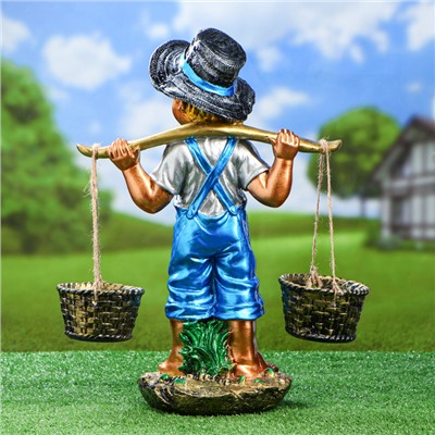 Садовая фигура "Мальчик с вёдрами", бронза, синий, гипс, 18*33*48 см