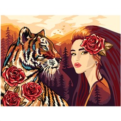 Картина по номерам на картоне ТРИ СОВЫ "Девушка с тигром", 30*40, с акриловыми красками и кистями