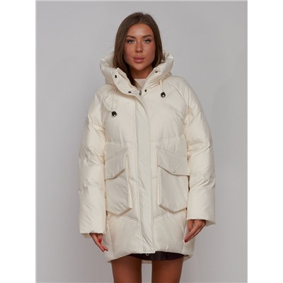 Зимняя женская куртка модная с капюшоном бежевого цвета 52310B