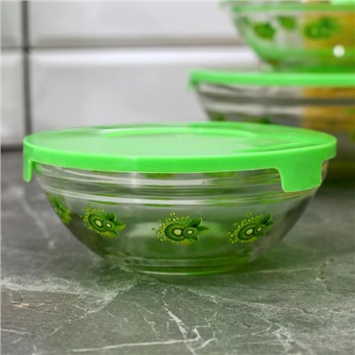 Набор стеклянных салатников с крышками «Киви», 5 шт: 130/200/350/500/900 мл, цвет зеленый
