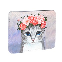 Кардхолдер с принтом Eshemoda “Кошка с розами”, натуральная кожа, цвет синий