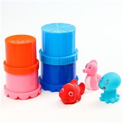 Набор игрушек для игры в ванне: пирамидка 4 шт + 3 пвх игрушки, виды и цвет МИКС
