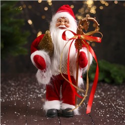 Дед Мороз " В кафтане с мехом и узорным посохом" 30 см, бело-красный
