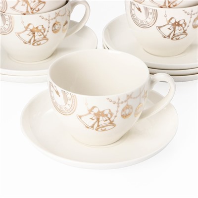 Сервиз фарфоровый чайный Доляна «Праздничное настроение», 12 предметов: 6 чашек 280 мл, 6 блюдец d=15 см, цвет белый