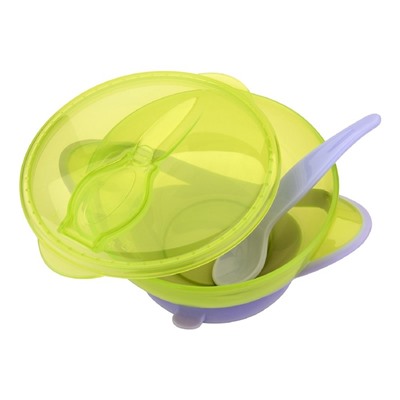 Набор для кормления, 3 предмета: тарелка на присоске, крышка, ложка, от 4 мес., цвет зеленый