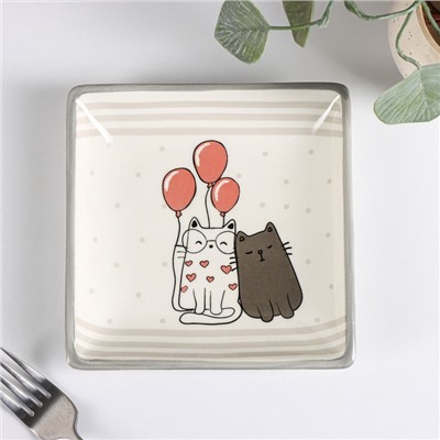Блюдо сервировочное Доляна «Уютные коты», 15×15×3 см, цвет белый