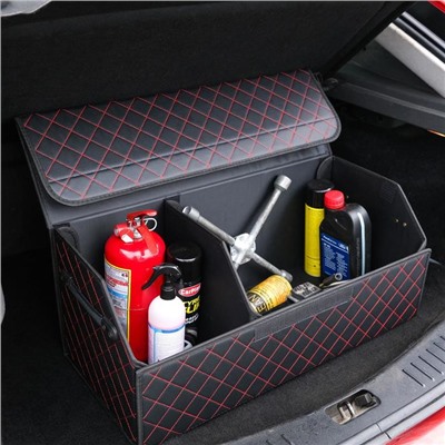 Саквояж в багажник автомобильный HT-086, 68х30х28 см, экокожа, с красной строчкой