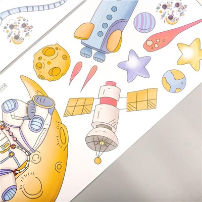 Наклейка пластик интерьерная цветная "Маленькие космонавты" 30х90 см набор 2 листа