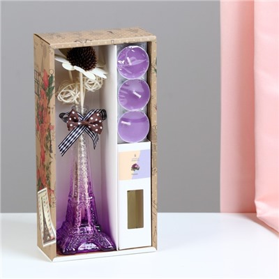 Набор подарочный "Эйфелева башня"(ваза,палочки с декором,свечи, аромамасло), фиалка